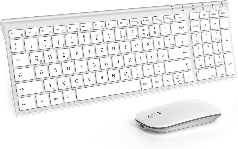 seenda Vezeték Nélküli Billentyűzet-Egér Szett - Újratölthető, Ultravékony Fém Billentyűzet QWERTZ Kiosztással PC/Laptop/Smart TV-hez, Fehér