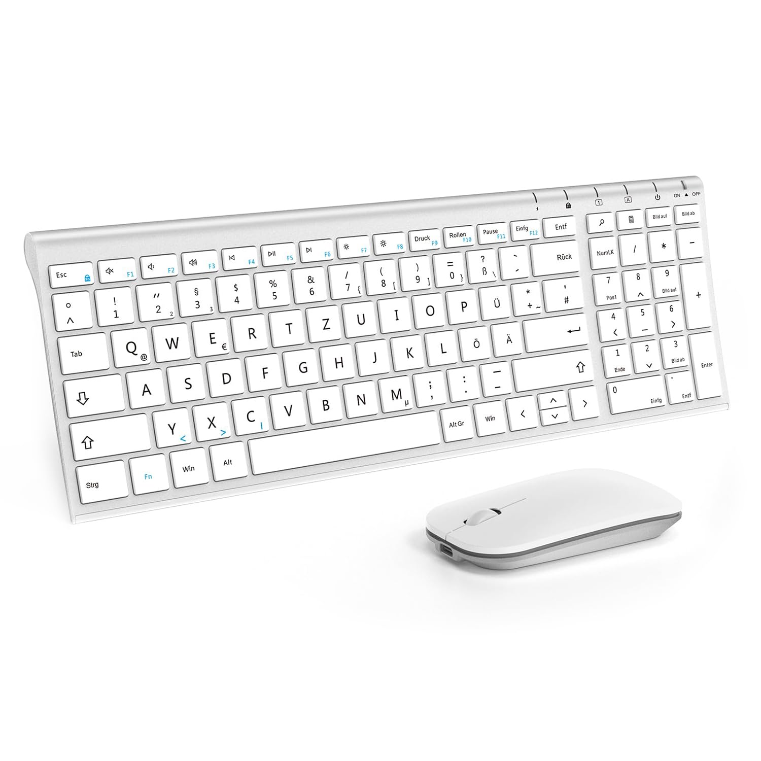 seenda WGJP-031B Tastatur Maus Set Kabellos, Wiederaufladbare Aluminium Tastatur mit kompaktes, Ultradünne Funktastatur mit Maus für PC/Laptop/Smart TV, QWERTZ Layout (Weiß & Silber)