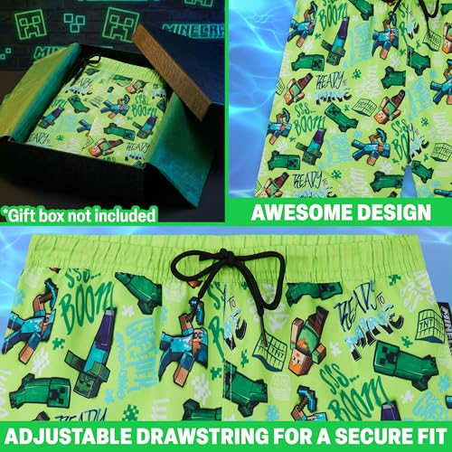 Get Trend Minecraft Badehose Jungen Badeshorts 7-14 Jahre, UPF 50+ Boardshorts mit Netzfutter, Taschen & Verstellbarem Tunnelzug, Schnelltrocknend (7-8 Jahre, Grün/Multi Minecraft)