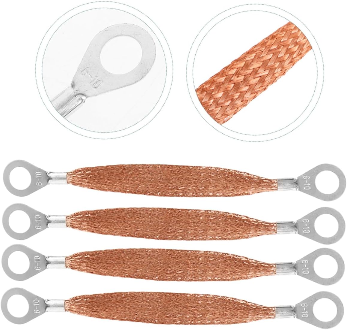 OUNONA 6pcs Automotive Ground Strap Kit Flat Braided Copper Grounding Cable with Ring Terminals for Engine Electrical Systems High Conductivity Easy Installation
