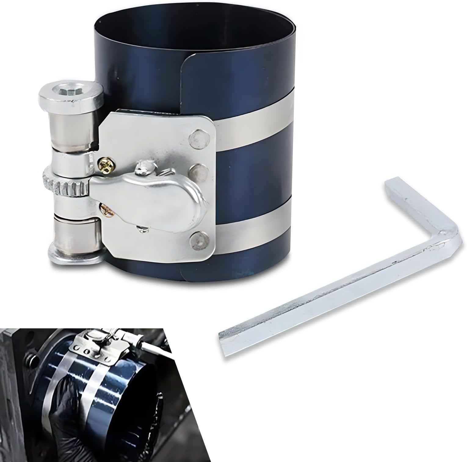 1 PC Car 2.95" Piston Ring Installer, 2.08"-6.88" Adjustable Horizontal Bar Piston Ring Compressor, Ratchet Automatic Locking Device, Universal for Cars Piston Ring Clip (Blue & Silver)