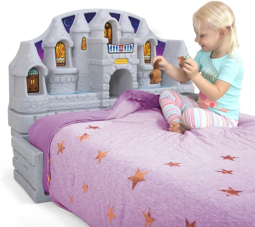 Simplay3 Imagination Castle Headboard, Twin Size Plastic Castle Bed headboard for Toddlers, Kids and Girls with Princess Toy Play Storage Area, Gray & Pink, Made in USA