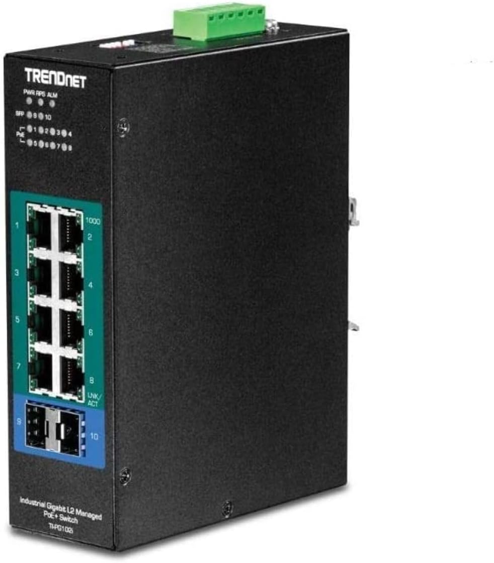 TRENDnet 10-Port Industrial Gigabit L2 Managed PoE+ DIN-Rail Switch, TI-PG102i, 8 x Gigabit PoE+ Ports, DIN-Rail Mount, 2 x SFP Slots, 24–57 V DC Power Input, IP30, VLAN, QoS