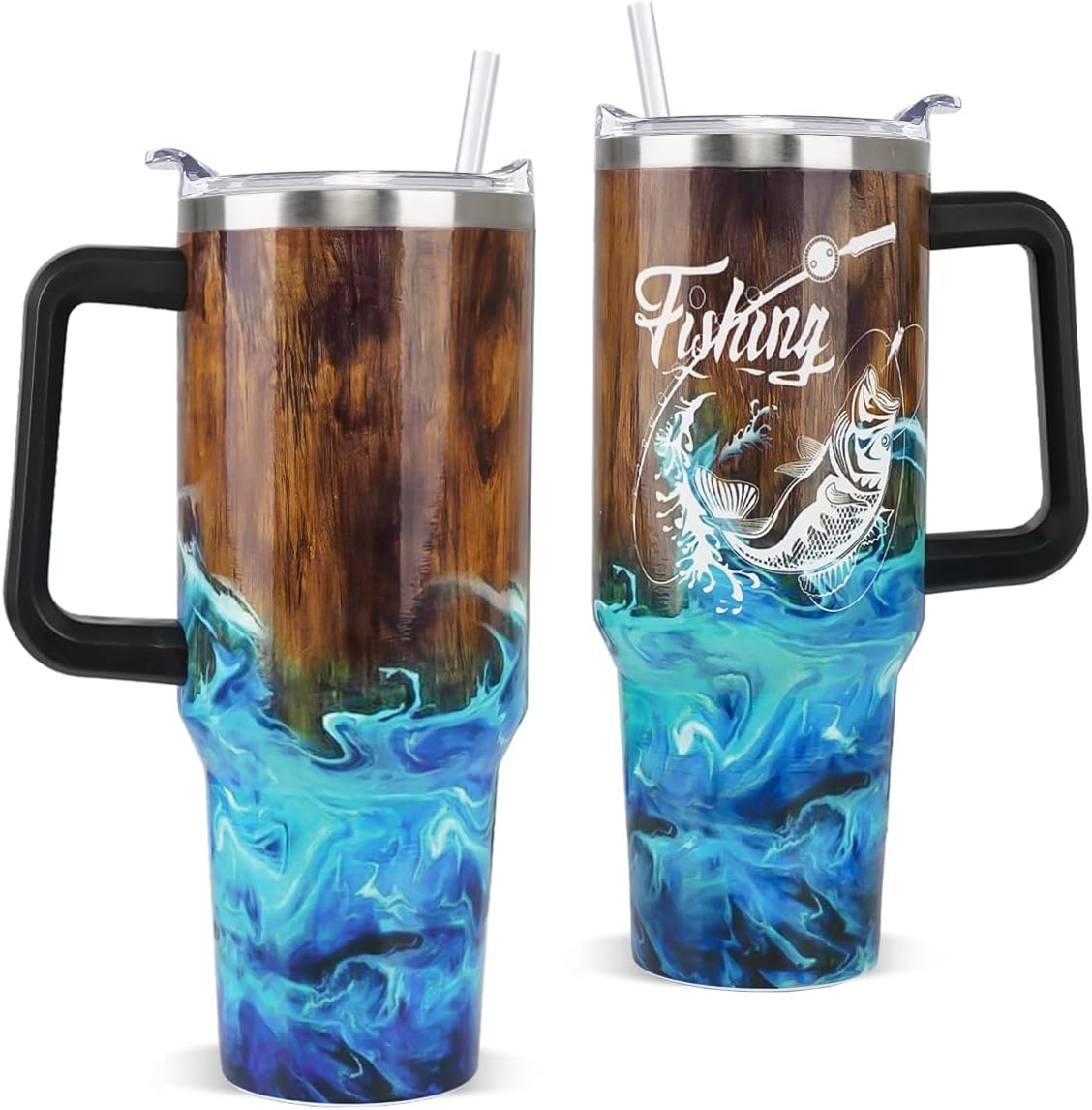 Fishing Tumbler with Handle and Straw Fish Cup Coffee Travel Mug Fishing Gifts for Dad Papa Husband Fisherman Fathers Day,Anniversary,Christmas,Birthday-40 oz Wood Grain Fishings