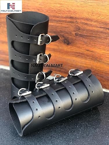 Miniatura 5 de Nautical-Mart - Brazalete de cuero de caballero medieval para guantelete, armadura de Halloween, color negro, Negro -
