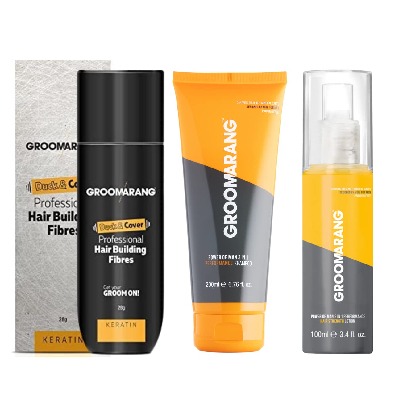 Hair Fibres GROOMARANG Keratin Hair Building Fibres for Thinning Hair - Instantly Conceals Thinning Areas for Fuller Thicker Hair - For Men & Women 28g + Shampoo & Hair Loss Lotion (Black)