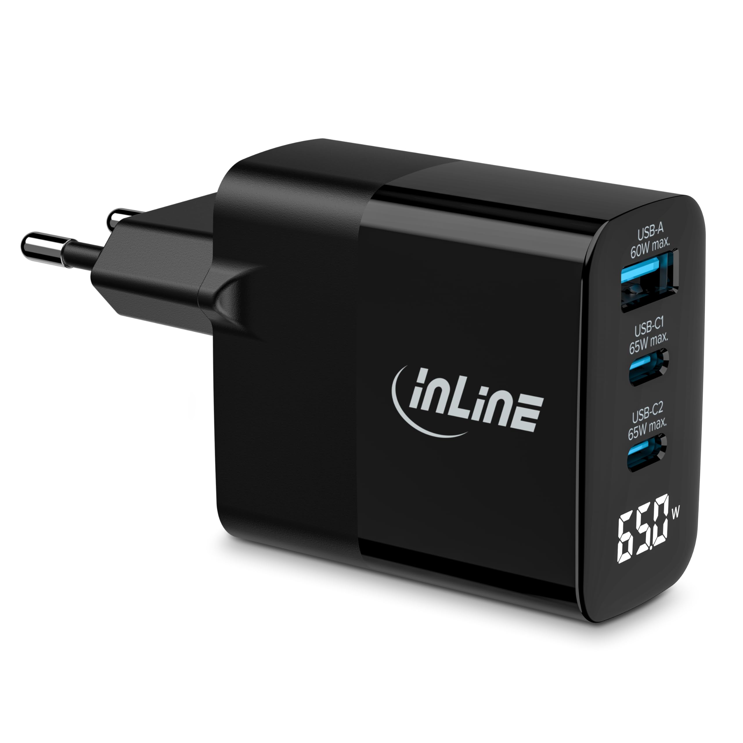 InLine Caricatore USB 3 porte, display digitale con consumo di energia attuale, 2 X USB-C + 1 X USB-A, GaN, 65 W, caricatore rapido, PD3.0, QC3.0, alimentatore per iPhone/Pro/mini, Samsung e altro