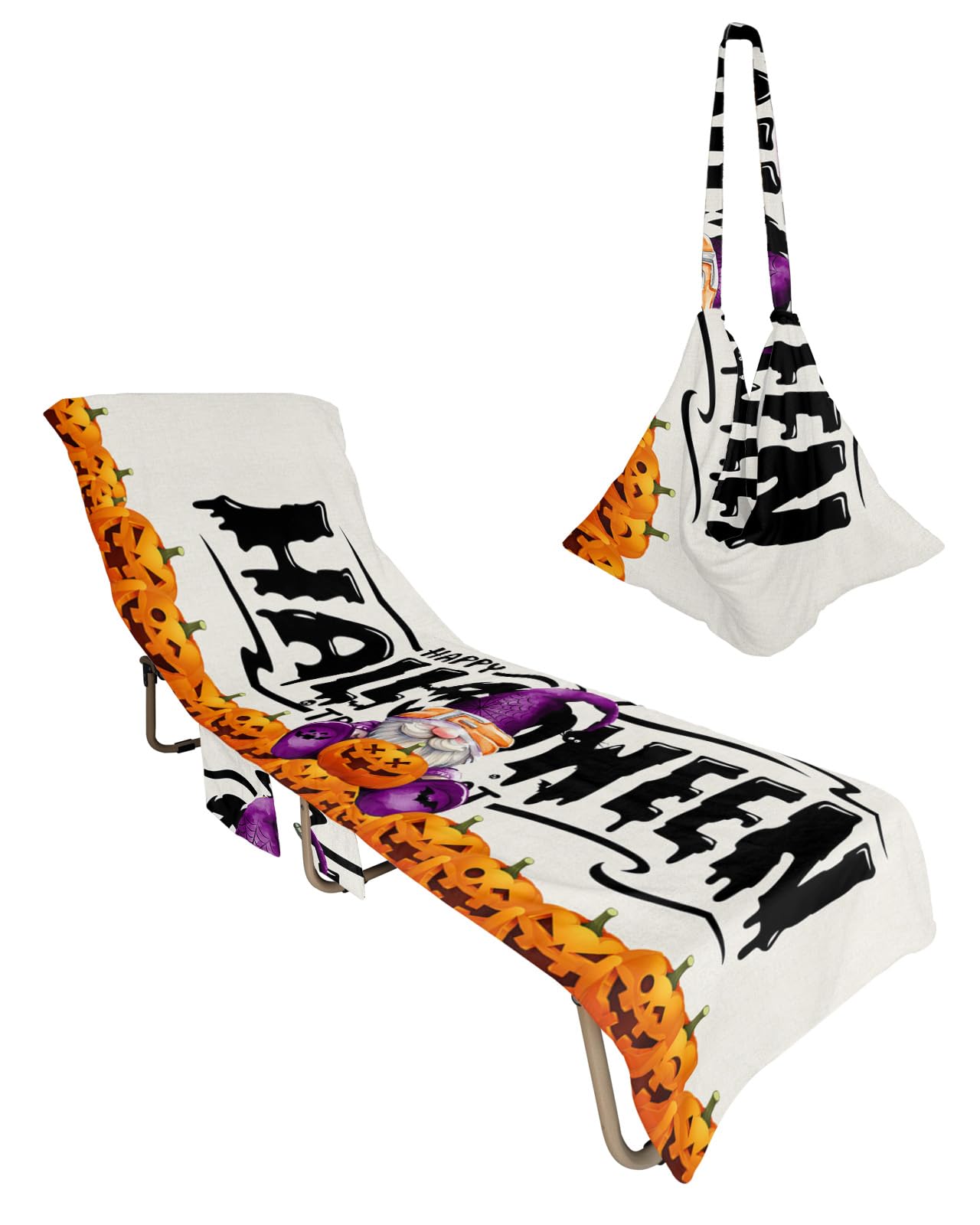 Halloween Gnomes, Beach Lounge Chair Towel Cover, Soft Chaise Lounge Towel with Side Pockets Patio Pool Chairs Cover for Beach/Pool Sunbathing 29x85 Spooky Pumpkin Horror Orange Purple