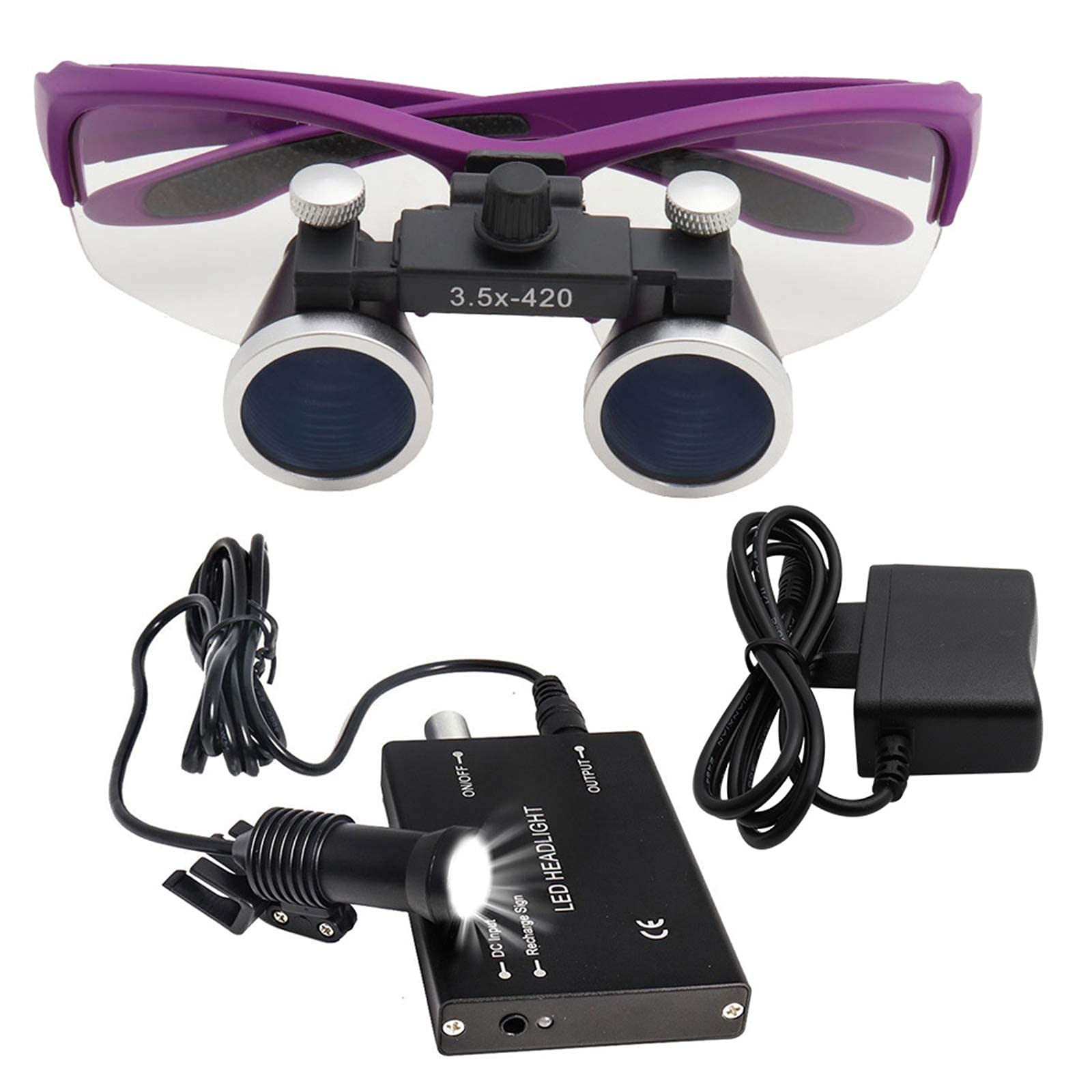 SaryEdge Magnifying Glasses Dental Loupes, 420mm Dental Magnifier, 5W LED Head Magnifier, Surgical Magnifying Lens,Purple,3.5X,