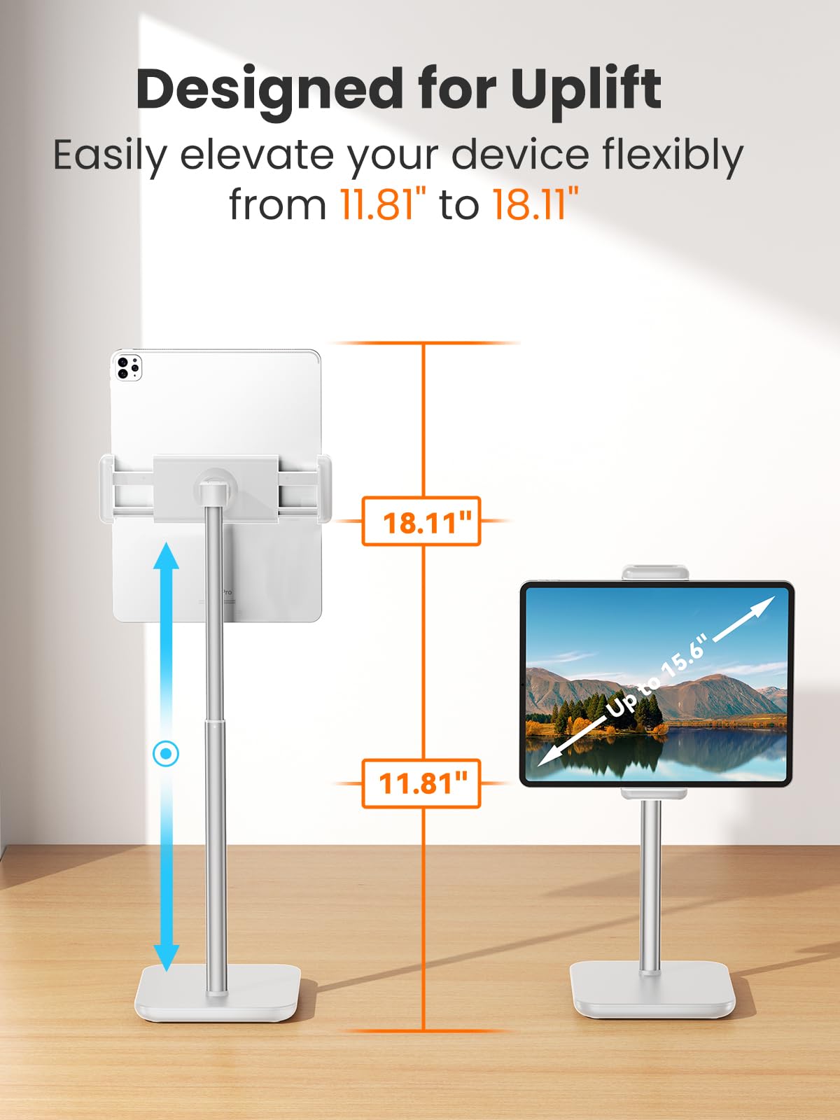 Regulowany stojak na iPada z wydłużeniem wysokości 21 ", 360 ° uchwyt tabletu obrotowego dla biurka, stojak na powierzchni, przenośny stojak na monitor z tabletami i smartfonami 4,7-15.6" (Biały)