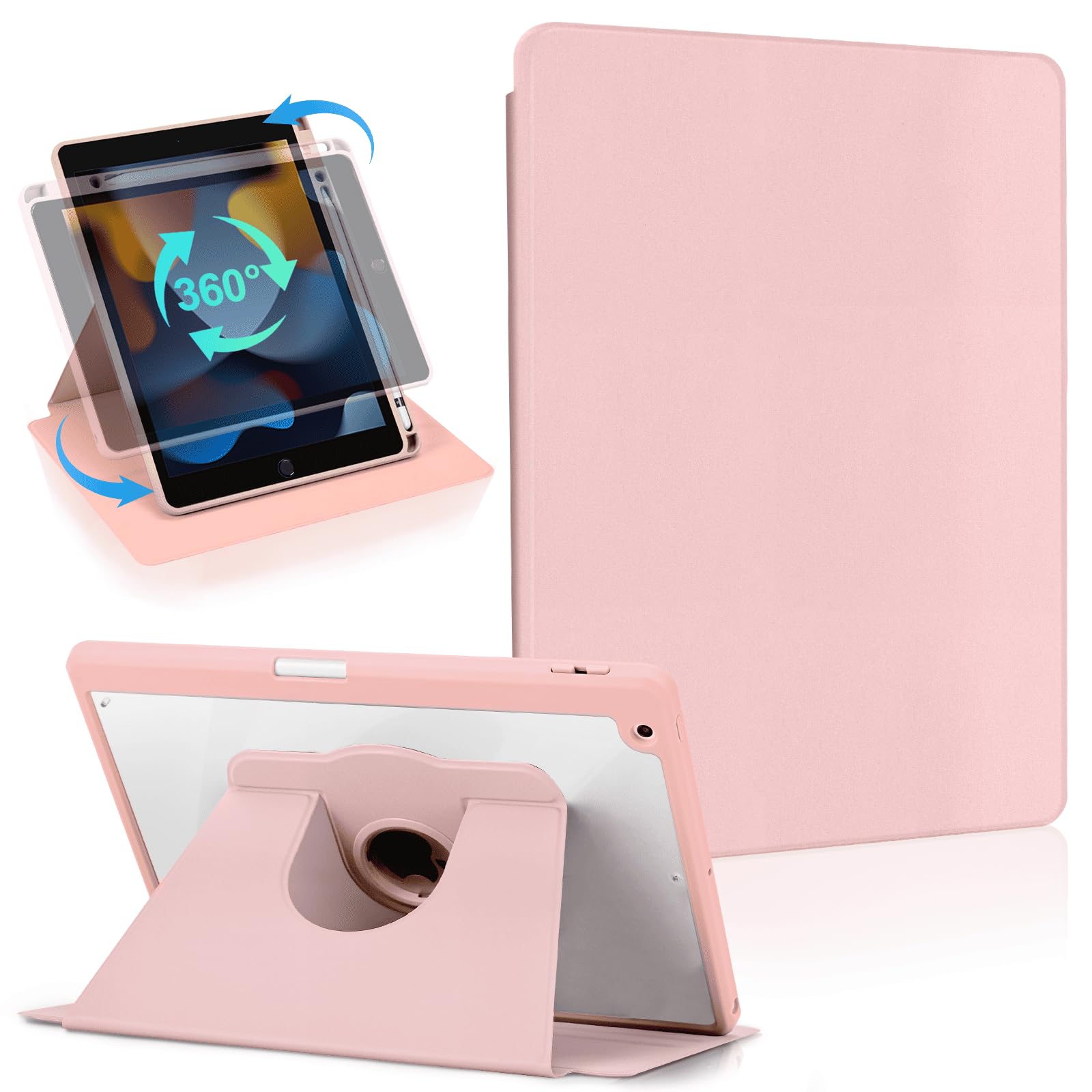Koze Rotating Case for iPad 10.2 inch 9th 8th 7th Generation with Pencil Holder and Multi-Angle Stand Shockproof Acrylic Back Cover Clear Protective Shell Rose Gold