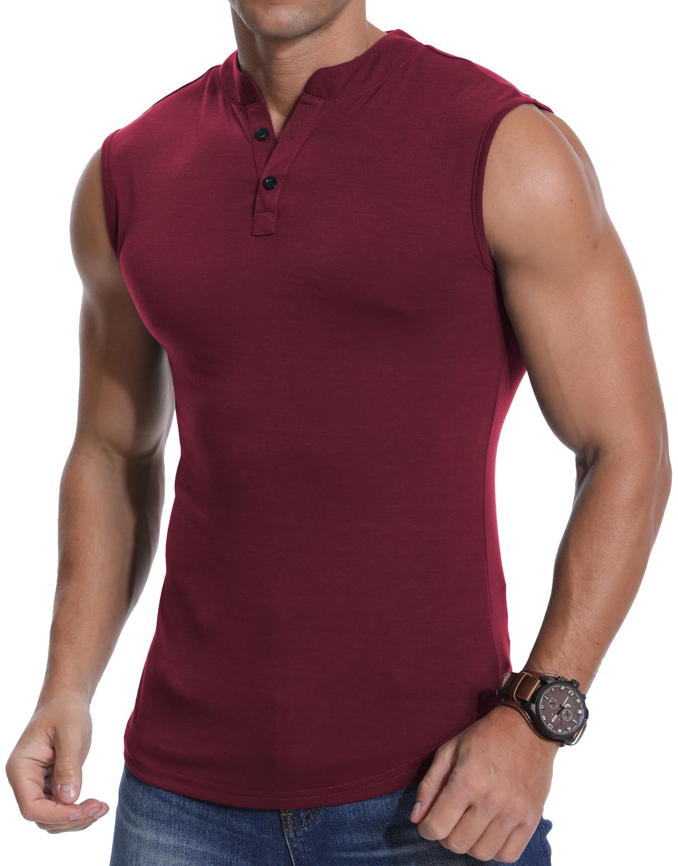 KUYIGO Camiseta Deportiva sin Mangas Henley para Hombre, Camiseta Deportiva Ajustada para Correr
