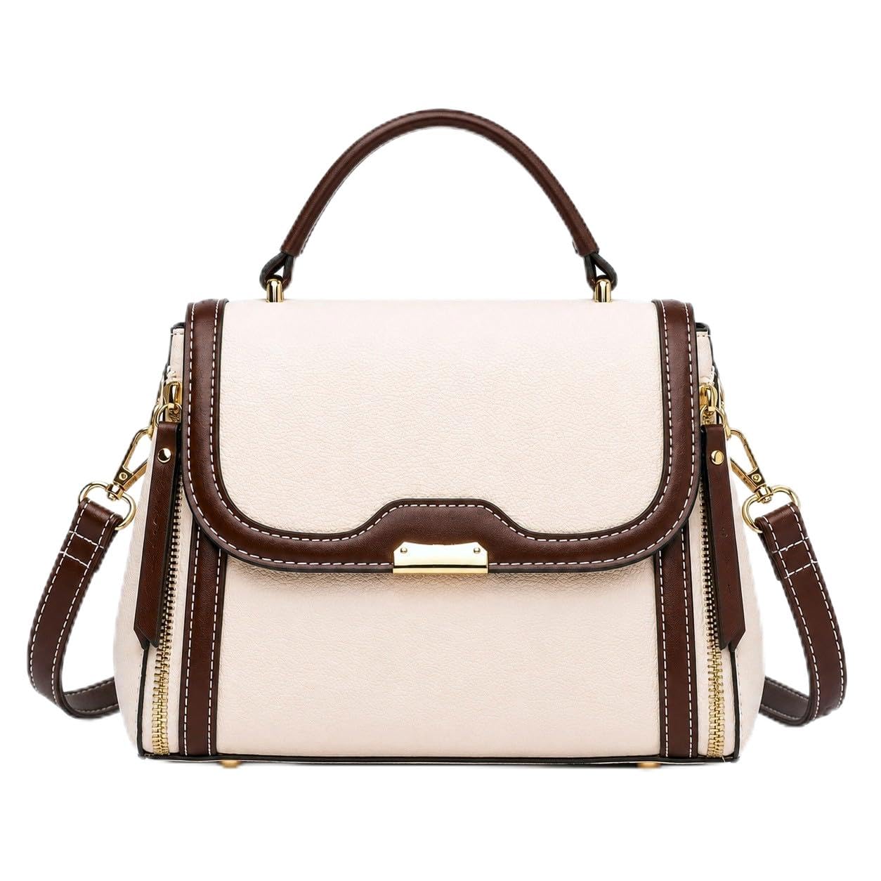 Women's Satchel Handbag, Beige and Brown Two-Tone Flapover-image-3