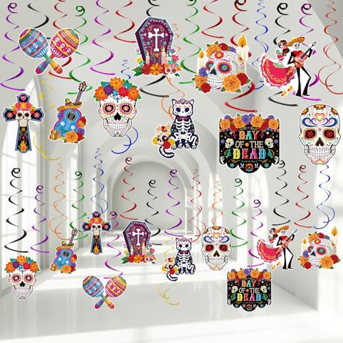 Image of 48 Pieces Day of the Dead Hanging Swirls Cinco De Mayo Party Decorations with Colorful Cross Skull Cat Bride Grave for Mexican Fiesta Themed Dia De Los Muertos Birthday Decor Supplies