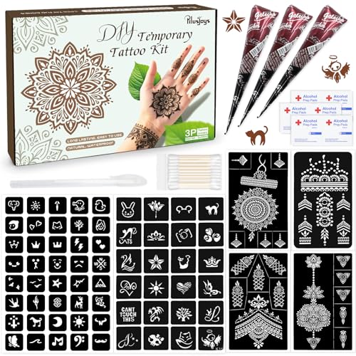 Brown Temporary Tattoo Kit,Temporary Tattoos Stencils Kit (3pcs Brown tattoo cones 6 Reusable Templates 1Pcs Tattoo Outline Pen)， Waterproof,DIY Body Art for Women Men