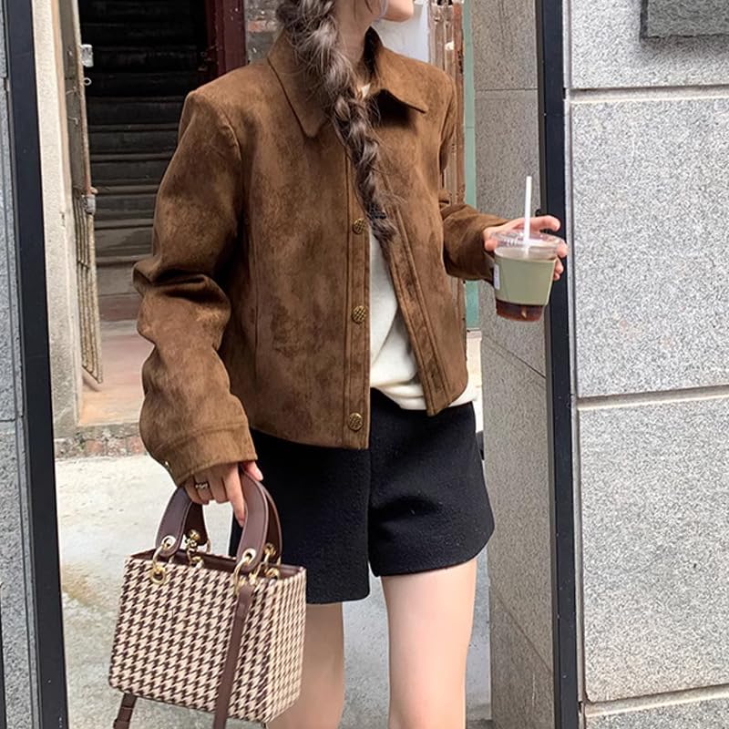 RICHTRUE Suede Bomber Jacket Y2k Faux Leather Outerwear Cropped Jacket Women Brown Jacket Fall Outfit 20242