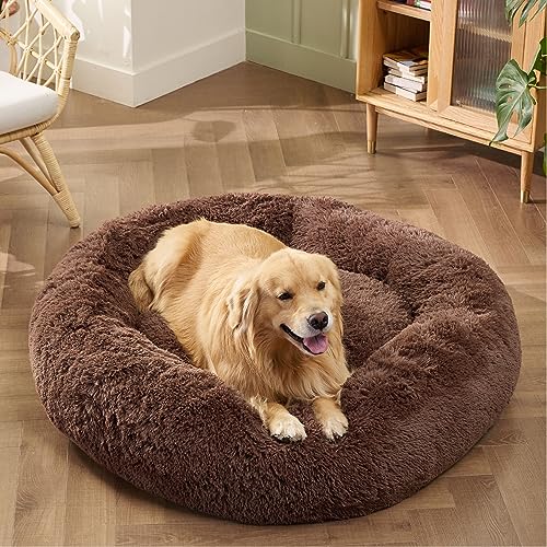 Image of Bedsure Calming XL Dog Bed Donut Washable Extra Large Pet Bed,45ins Coffee | Fluffy Faux Fur Round Cuddler,Machine Washable,Anti-Slip Bottom,Anti-Anxiety,Deep Sleeping for Pets Up to 120 Lbs