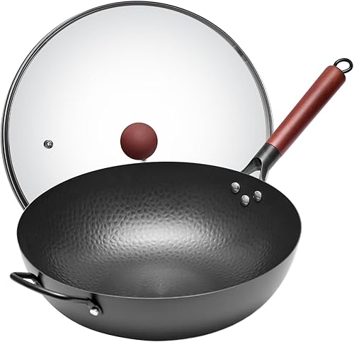 WANGYUANJI Wok de hierro, wok chino de 13.4 pulgadas con tapa, sartén de fondo plano, sin productos químicos para todas las estufas, wok de hierro