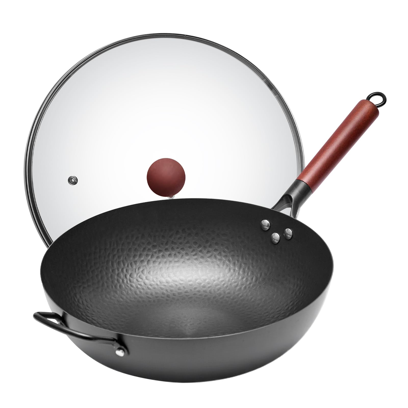 Iron Wok,13.4 inch Chinese Craft Wok with Lid Flat Bottom Stir Fry Pan,Chemical-free Wok Pan for All Stoves,Wrought Iron Wok Pure Iron Cookware