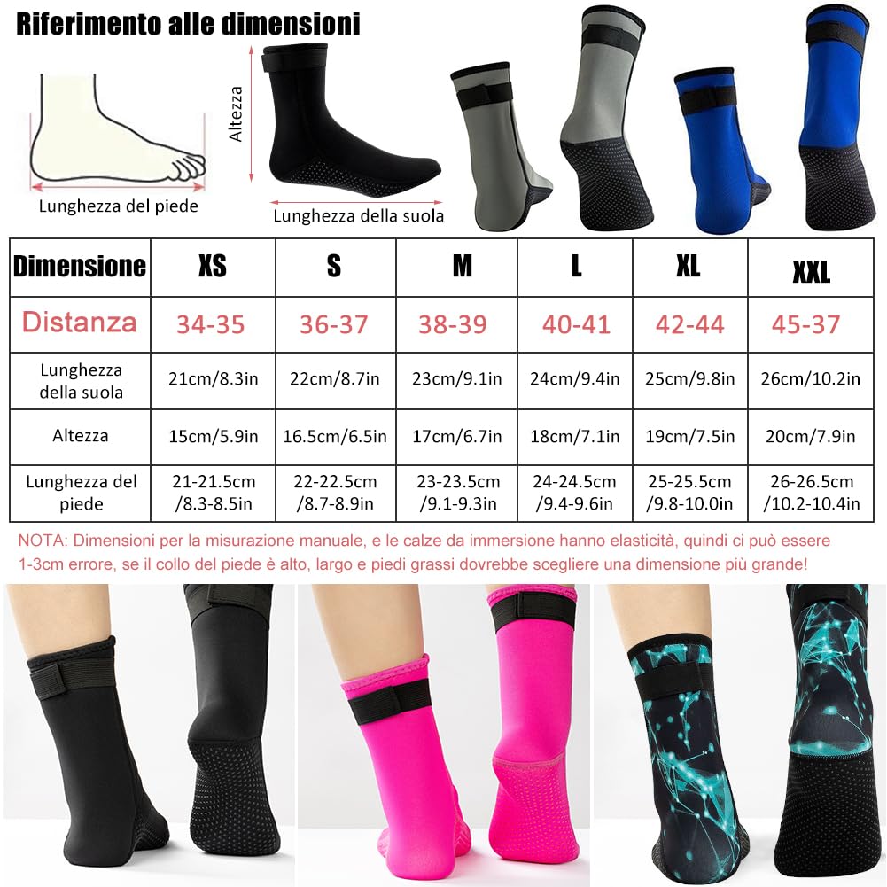 Calzini in Neoprene 3mm,Calzini Immersione Caldi Antiscivolo,Neoprene Socks Resilient con Velcro,Calze termiche Snorkeling,Calzini beach volley nuoto subacquee surf vela kayak