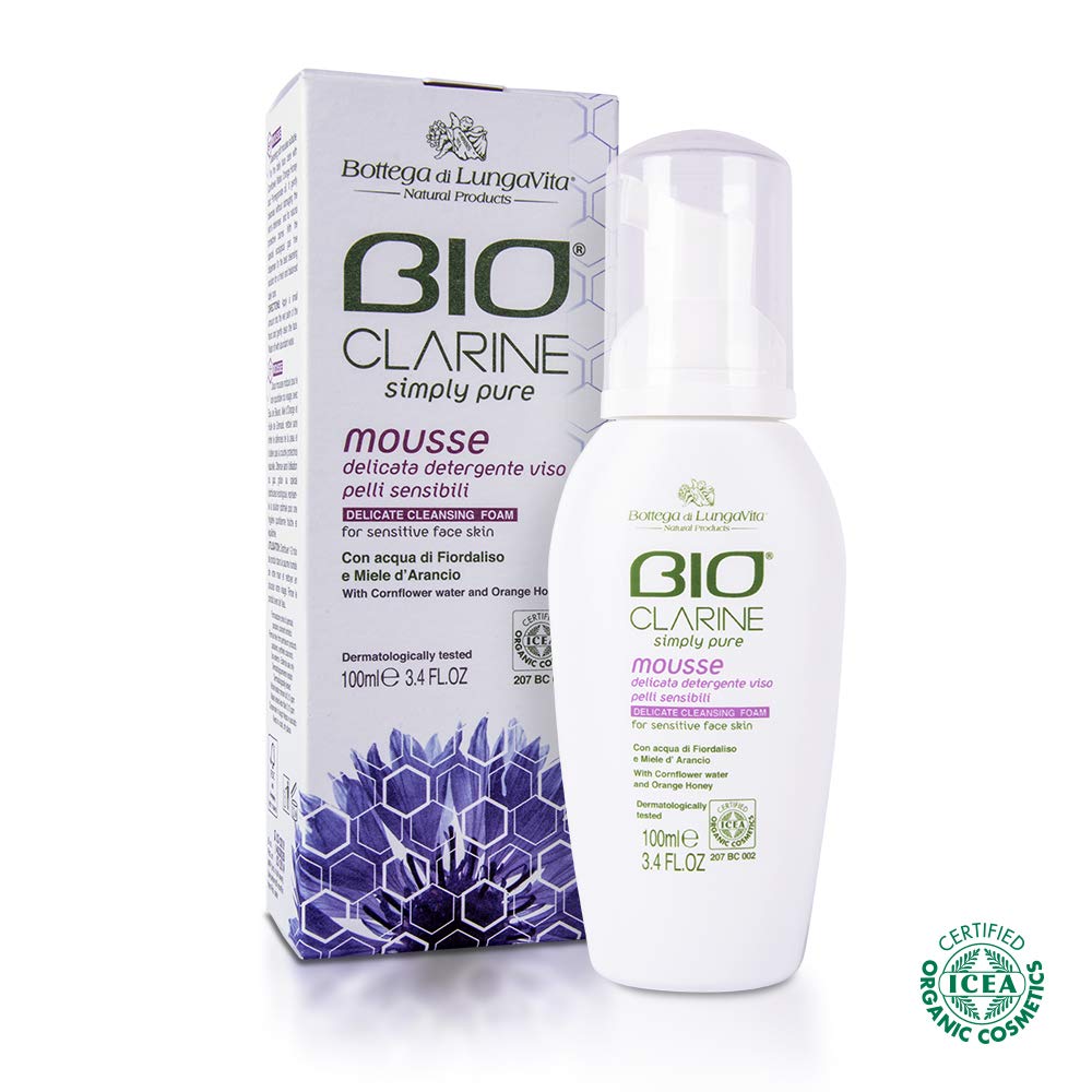 Bottega di LungaVita Natural Products MOUSSE DELICATA DETERGENTE VISO BIOCLARINE Certificata Biologica - Soffice mousse indicata per l'igiene quotidiana del viso. Cosmetico BIO - CERTIFICAZIONE ICEA