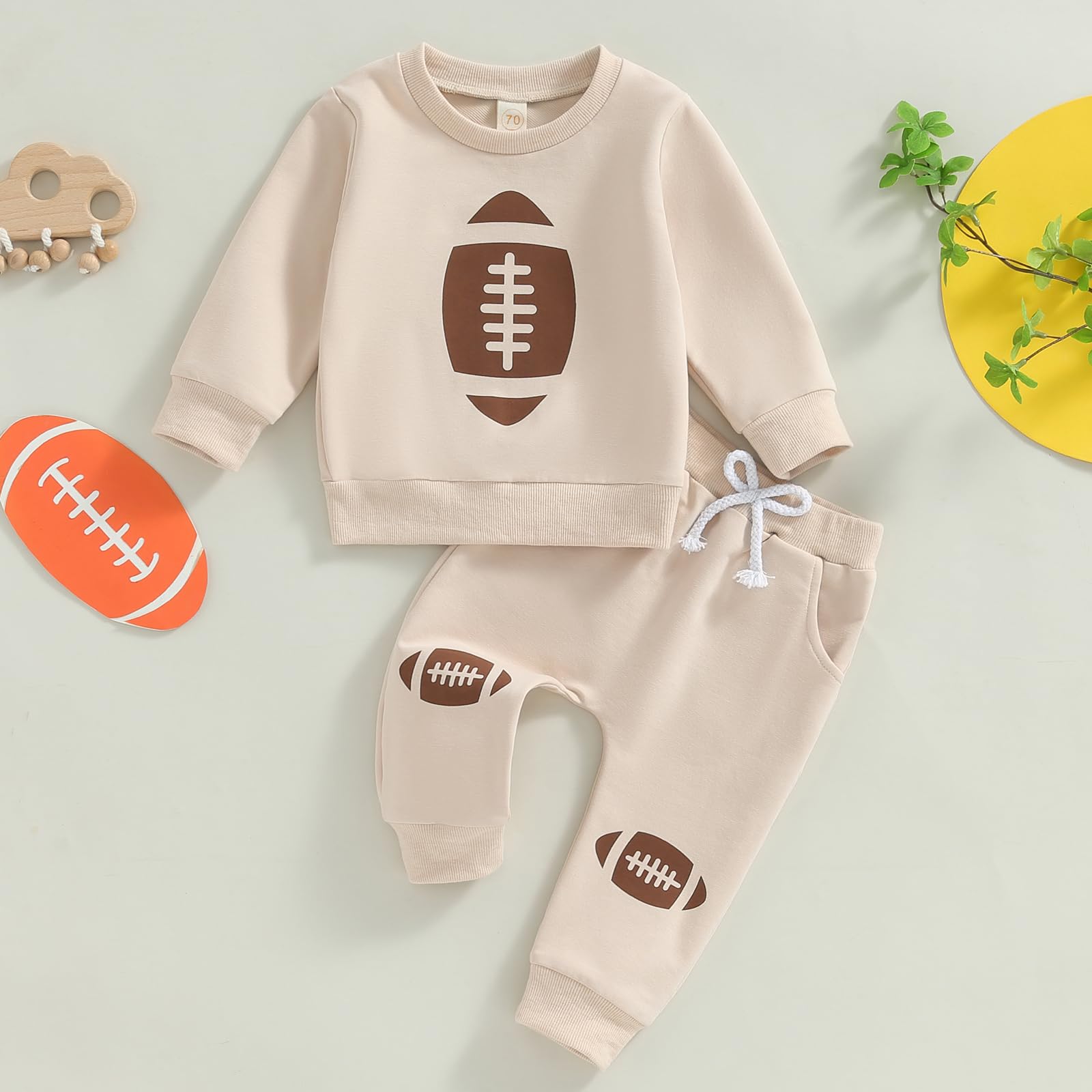 Toddler Boy Fall Winter Outfits Baby Clothes Cute Letter Long Sleeve Sweatshirt Pants Set 6 12 18 24 Months 3T 4T (football print Khaki, 0-6 Months)