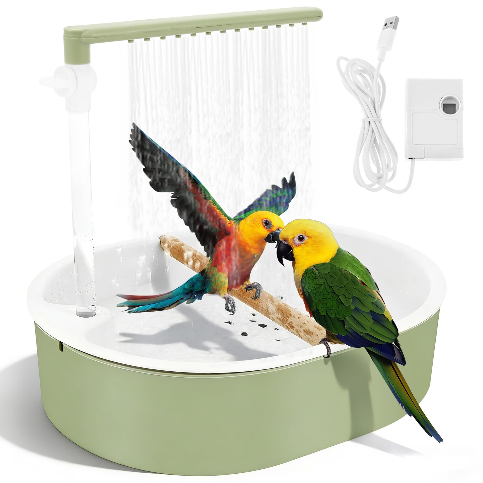 Budgie Bath Quiet Automatic Parrot Bird Bath for Cage, Adjustable Water Flow Bird Shower Tub with Simulated Natural Rainfall & Non-Slip Perch, Birds Cleaning Tool for Parakeets Budgies Cockatiels