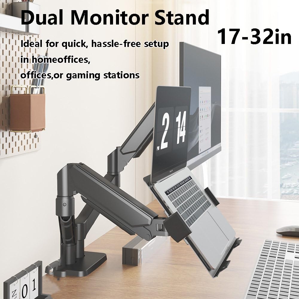Supporto Per Doppio Monitor, Braccio Ergonomico Da Scrivania Per Monitor Da 17 A 32 Pollici – Portata Fino A 10 Kg (22 Lbs) – Regolabile In Altezza, Girevole, Inclinabile E Ruotabile