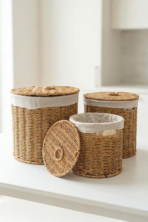 Digithome 3’lü Kapaklı Hasır Patates Soğan Sarımsak Sepeti Sebzelik -9T05 Ş/9