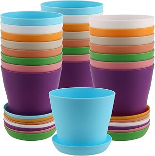 24 Pieces Plastic Flower Pots Colorful, 10cm Planter Pots with Coaster, 8 Colors Small Plastic Plants Pots, Round Garden Pots, Flower Pot Small for Outdoor, Indoor, Office, Balcony