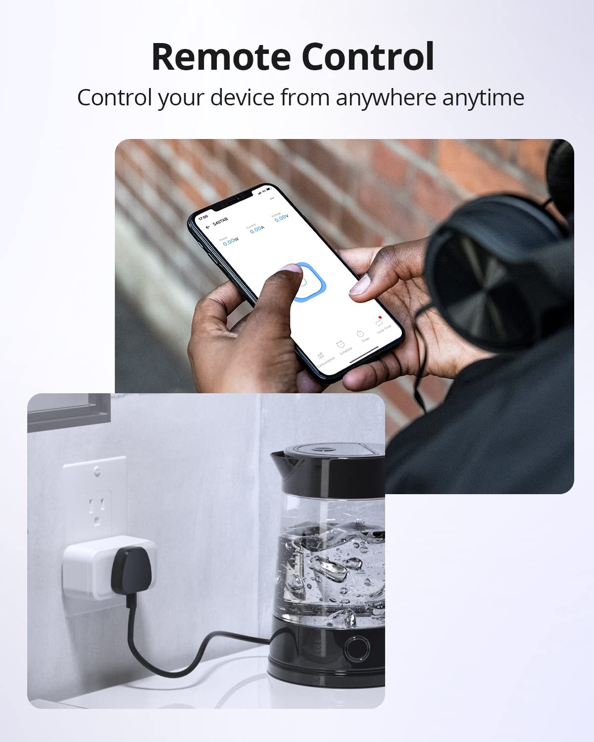 A person using a smartphone to remotely control a SONOFF S40 Smart Plug connected to an electric kettle.