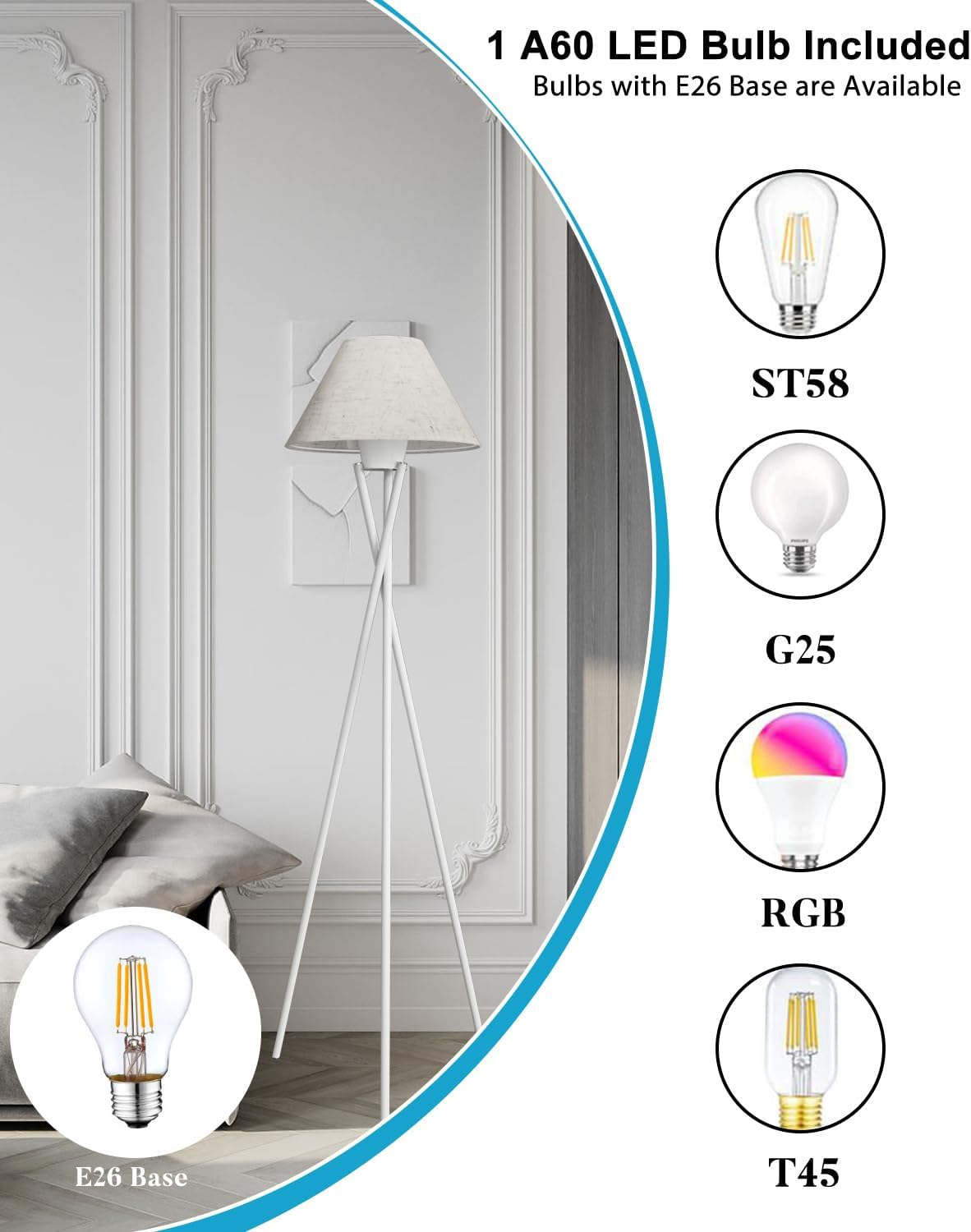 Tripod Floor Lamp, White Standing Lamps with E26 Bulb Included, Mid Century Modern Tall Lamps for Living Room Bedroom Home Decor