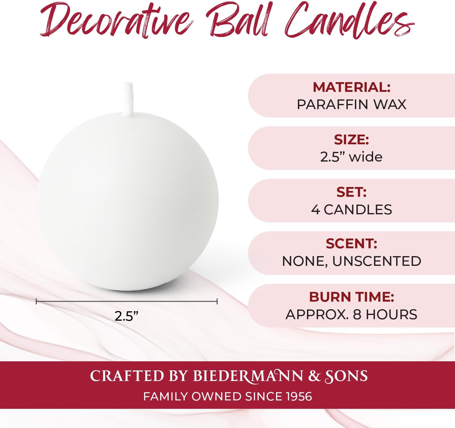 Biedermann & Sons White Round Candles (Set of 4), Unscented Dripless Balls, 2.5" Spheres, 8 Hour Burn, for Dinner Tables and Special Occasions - Image 4