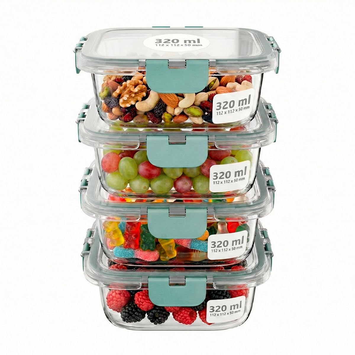 Amig - Set of 4 square airtight glass food containers - Capacity: 320 ml - 112 x 112 x 50 mm - Glass containers for microwave, oven, freezer and dishwasher - Green colour