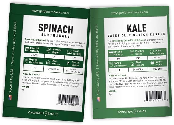 Gardeners Basics Lettuce and Greens Heirloom Vegetable Seed Non-GMO Seeds for Planting Indoors and Outdoor - Lettuce Buttercrunch, Romaine, Arugula, Kale and Spinach, Pack of 5 | 5 heirloom, non-GMO, non-hybrid, open-pollinated varieties; 4,500+ seeds; 5 markers; labeled paper seed packets with guides