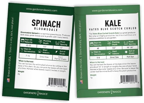 Gardeners Basics Lettuce and Greens Heirloom Vegetable Seed Non-GMO Seeds for Planting Indoors and Outdoor - Lettuce Buttercrunch, Romaine, Arugula, Kale and Spinach, Pack of 5 | 5 heirloom, non-GMO, non-hybrid, open-pollinated varieties; 4,500+ seeds; 5 markers; labeled paper seed packets with guides