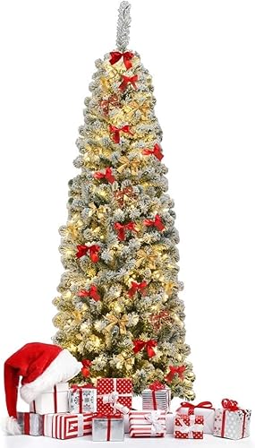 Miniatura 66 de Happygrill Árbol de Navidad artificial preiluminado de 6 pies, árbol de Navidad artificial delgado con 300 luces LED y 618 puntas de rama, bayas