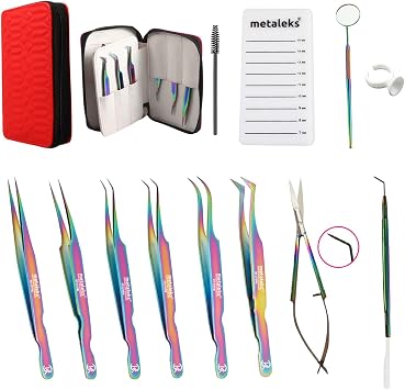 12Pcs Complete Eyelash Extension Tweezers and Accessories Tool Kit In Multi Titanium Coated
