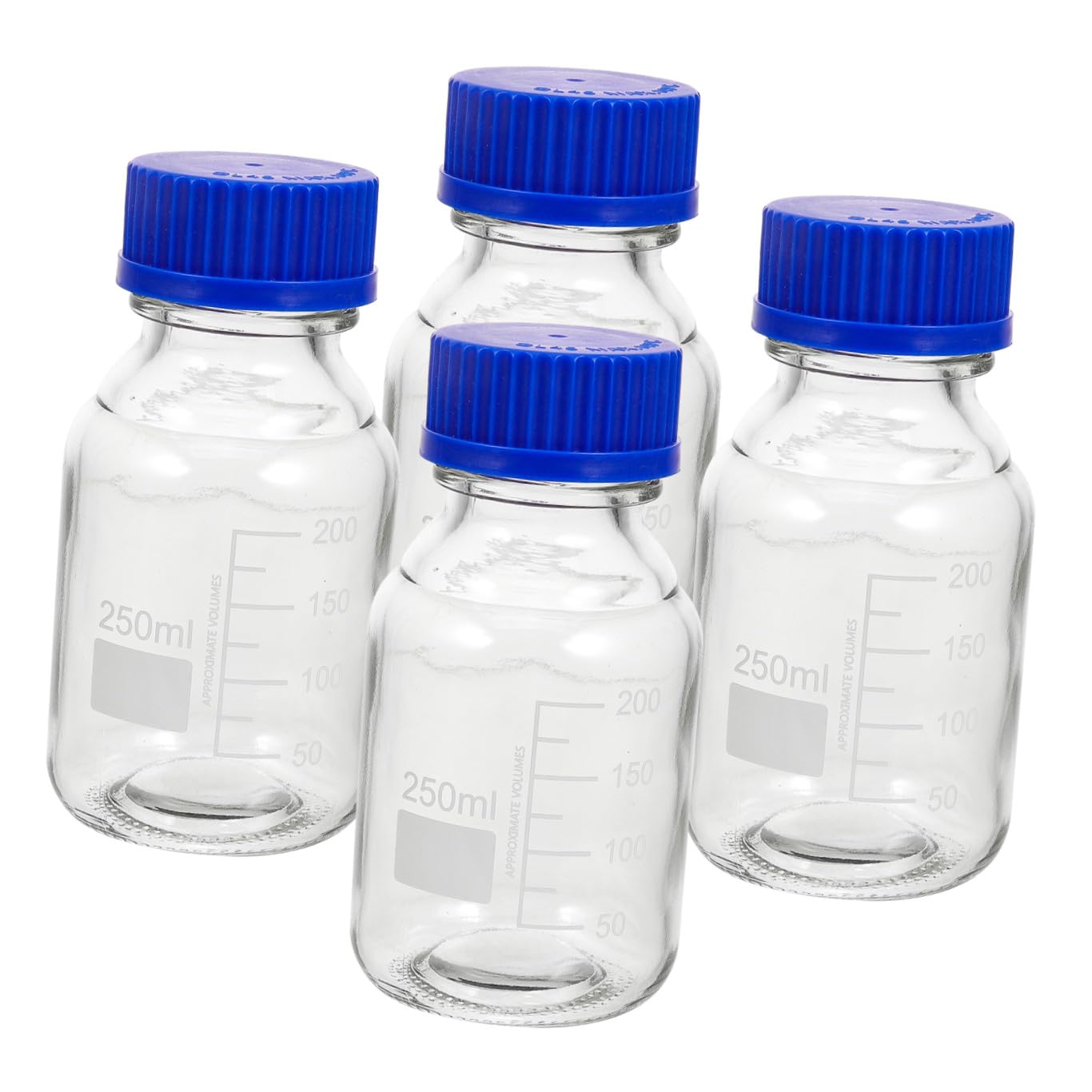Bottiglia Reagenti Graduata da 250ml in Vetro con Tappi Blu 4 Pezzi | Set per Laboratorio, Chiusura a Vite, Corpo Trasparente, Formato Quadrato