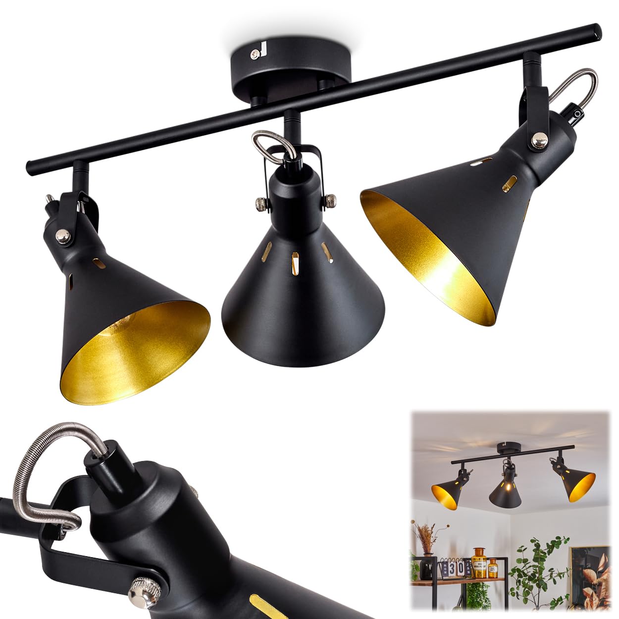 Hofstein Black Upiano Ceiling Light, Modern Metal Ceiling Lamp In /Gold Colour With Adjustable Spotlights, Retro/Vintage Design Light With Light Effect, 3-Flame, 3 X E14, Without Bulbs