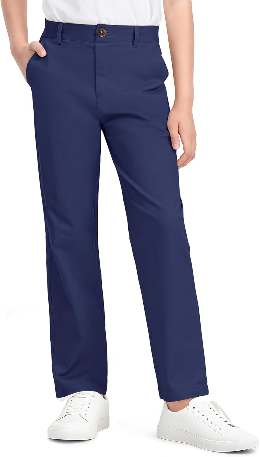 KEREDA Boys School Uniform Pants Flat Front Dress Pants Twill Pull on Adjustable Waist Pant