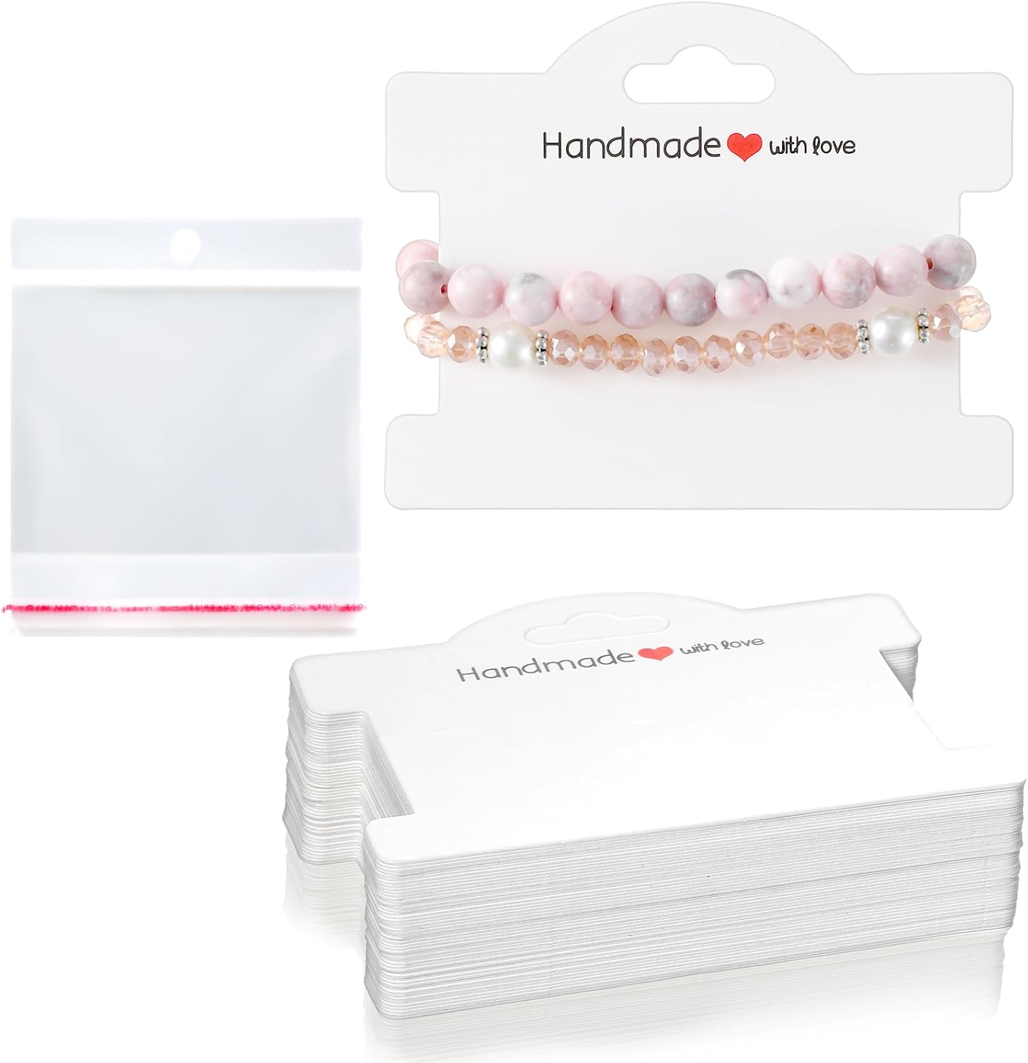 Piriuuo 50 Pcs Bracelet Display Cards with Clear Bags, Bracelet Packaging for Small Business Jewelry Display Card Handmade with Love Jewelry Tags for Selling Hair Ties, Bracelets, Necklace (White)