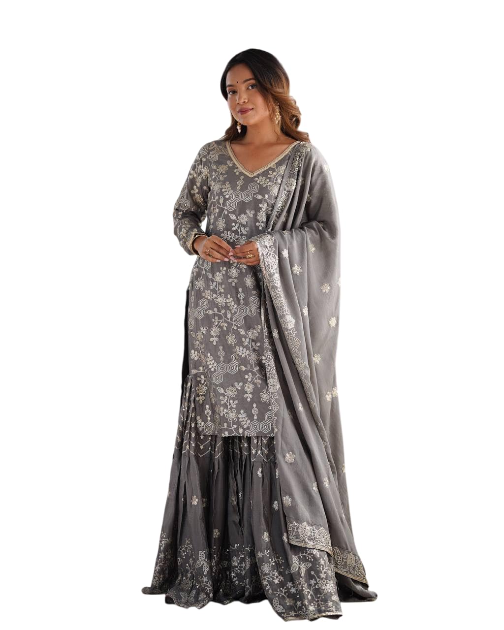 NexRise Store Chinon Silk Sequence Embroidery Work Straight Kurti With Sharara Suit and Dupatta Set-image-12