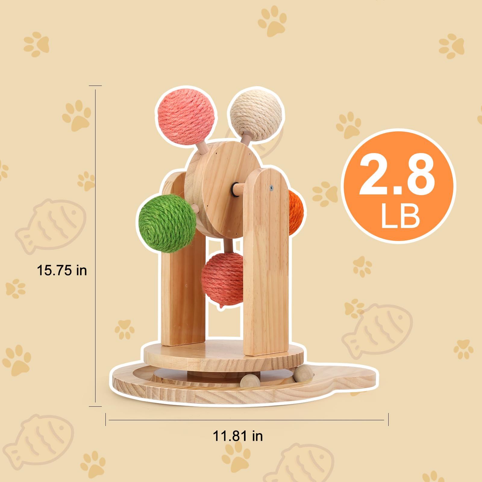 Roulettes pour chat d'intérieur, piste de balle 2 en 1 pour chat, jouet interactif à griffer pour chat, balle griffoir pour chat, base en bois massif