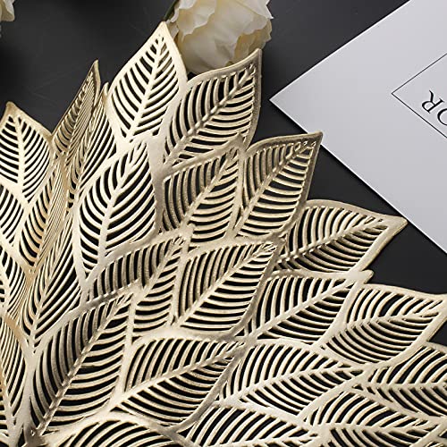 Mabbcoo Placemats Set Of 6, Round Hollow Out Flowers Place Mats For Dining Table Pressed Vinyl Blooming Leaf Table Mats For Holiday Party Wedding Accent Centerpiece Dinner Table Decoration (Gold) #TOP5