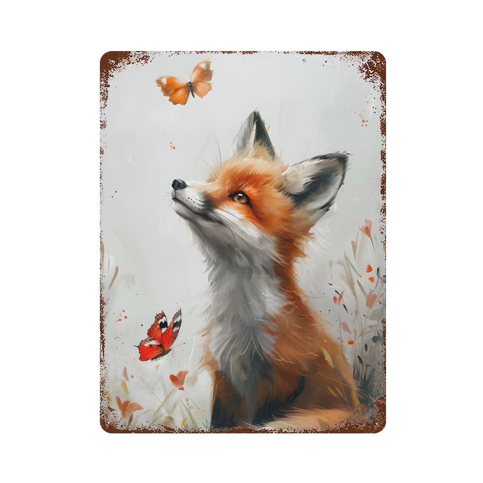 Garage Style Fox And Butterfly Rusty Metal Tin Sign 15.7"x11.8", Classic Wall Plaque for Bar And Workshop