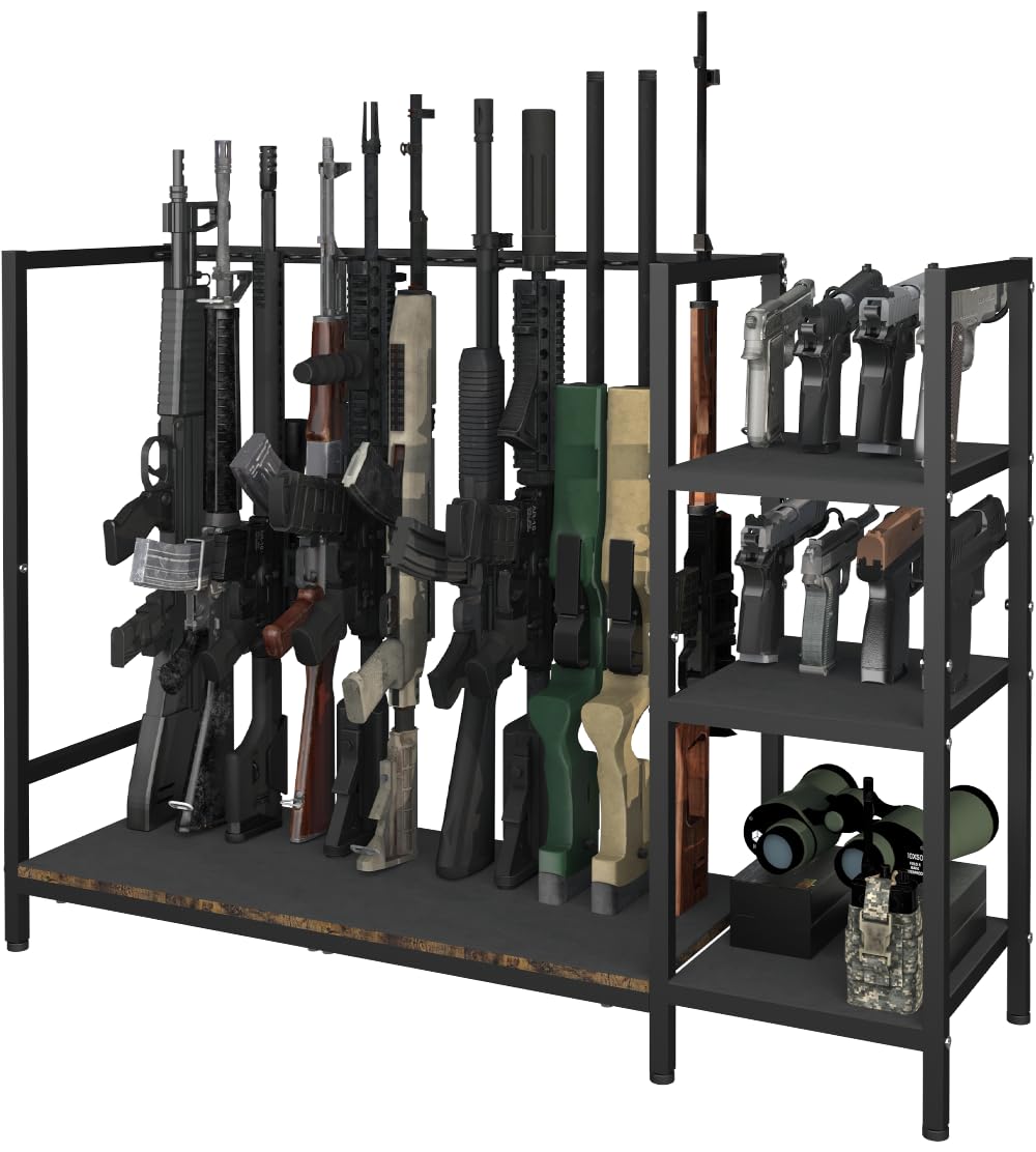 Gun Rack, Floor Standing Rifle Stand with Pistol Shelves, Vertical Shotgun Storage Holder Display Racks Indoor with Padding for Home or Garage, Hold up to 11 Long Guns and 8 Handguns, Black