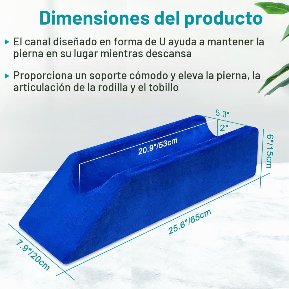 Almohada de cuña de elevación de piernas, almohada de descanso de pierna para dormir después de la cirugía, soporte de rodilla, espuma para cama, cuñas, piernas (azul, 65 cm de largo)