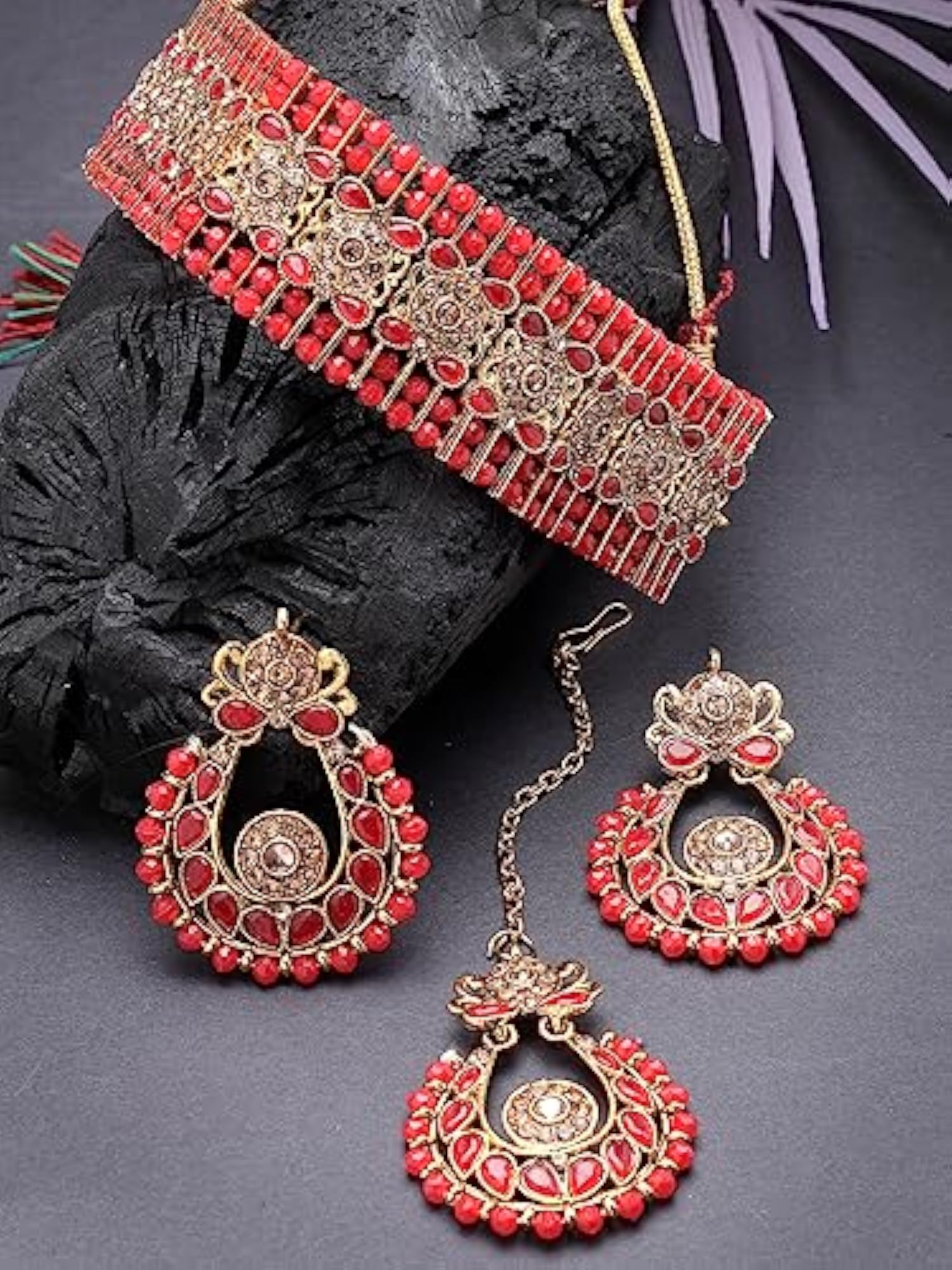 Indian Ethnic Kundan & Beads Choker Necklace Set With Earring