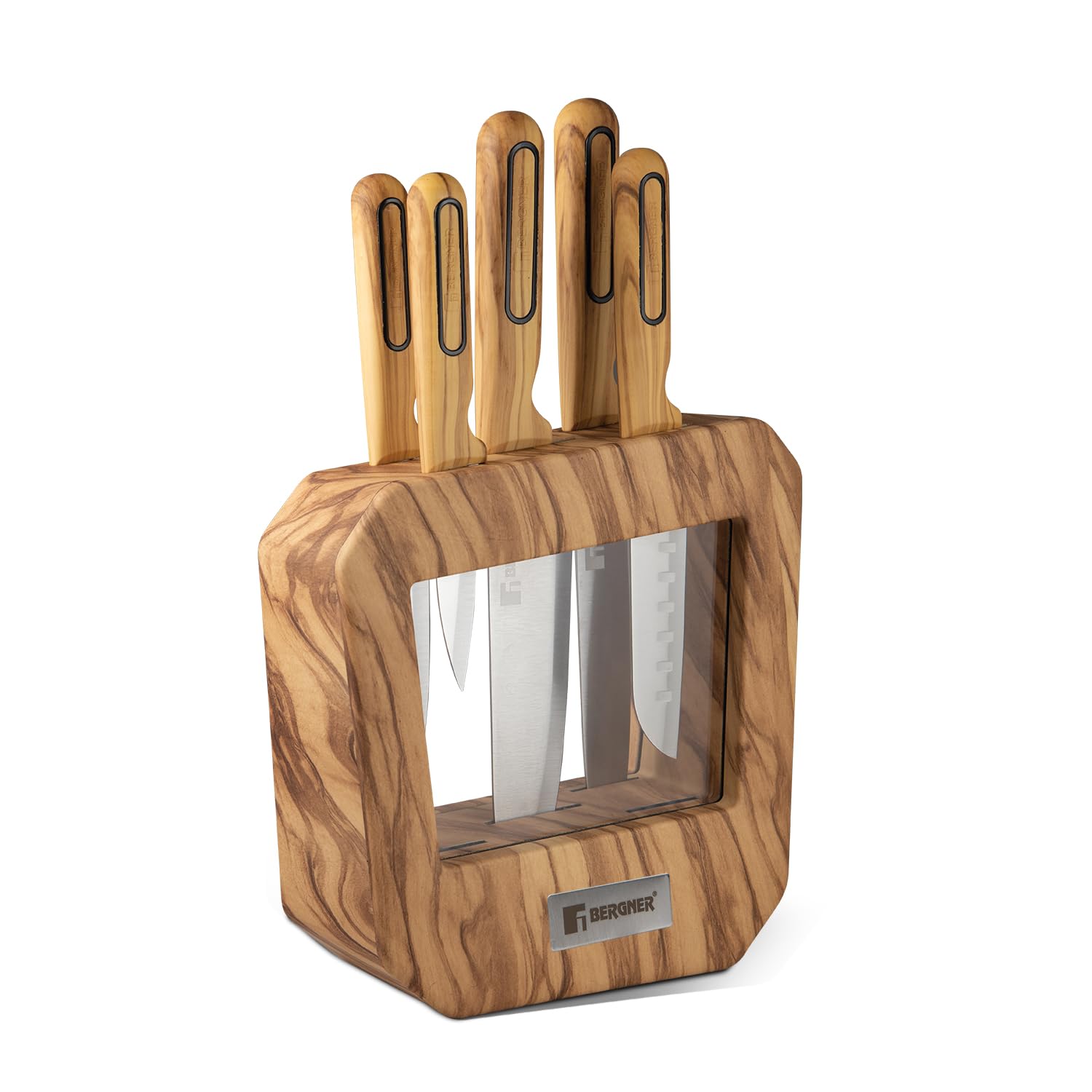 BERGNER Olive Garden Stainless Steel 6 Pcs Knife Set, Kitchen Knife Set of Chef Knife, Santoku Knife, Slicer Knife, Utility Knife, Paring Knife with Wooden Knife Block, Durable, Soft Touch Handle